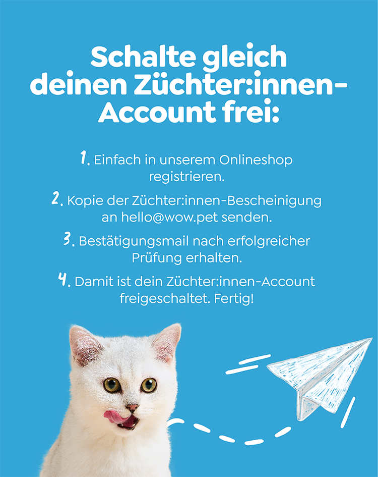Ein Banner aufdem angezeigt wird, wie man sich als Züchter anmeldet: Einfach im Online-Shop registrieren, Kopie der Züchterbescheinigung senden, Erhalt einer Bestätigungsmail und Fertig