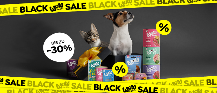 Hund und Katze sitzen hinter Hunde und Katzenfutter von wow