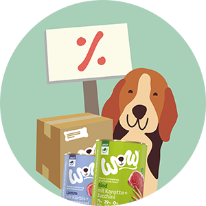 Icon auf dem Ein Hund mit einem Prozent-Schild, Dosen und einer Versandkiste abgebildet ist