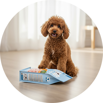 Hund mit einer Mistkabel auf der eine Dose Adult Pute aufgespießt wurde