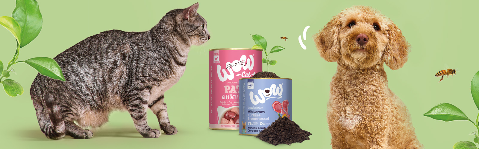 Un chat et un chien se trouvent dans l'image et avec eux deux boîtes de conserve dont l'une donne naissance à une plante verte.
